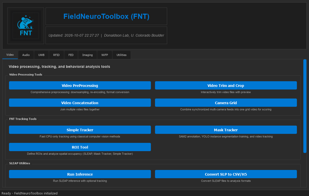 The FNT app's Video tab, listing its processing, tracking, SLEAP and behavior scoring tools