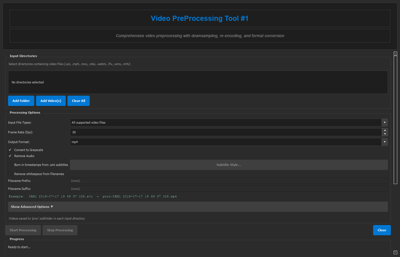 Video PreProcessing: batch options for frame rate, output format, grayscale, audio and timestamps