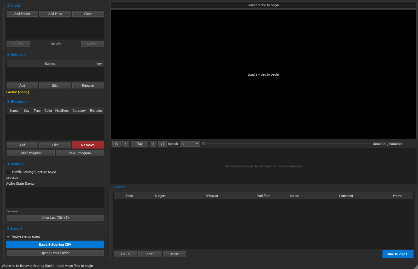 Behavior Scoring Studio: numbered setup steps beside the video pane, a timeline and a table of scored events